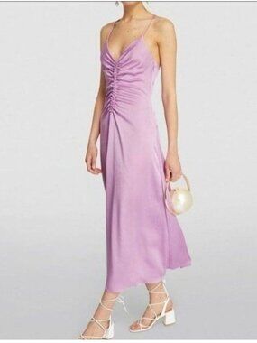 Sandro Praline Lilac Slip Midi Dress 8 Ruched Satin NEW